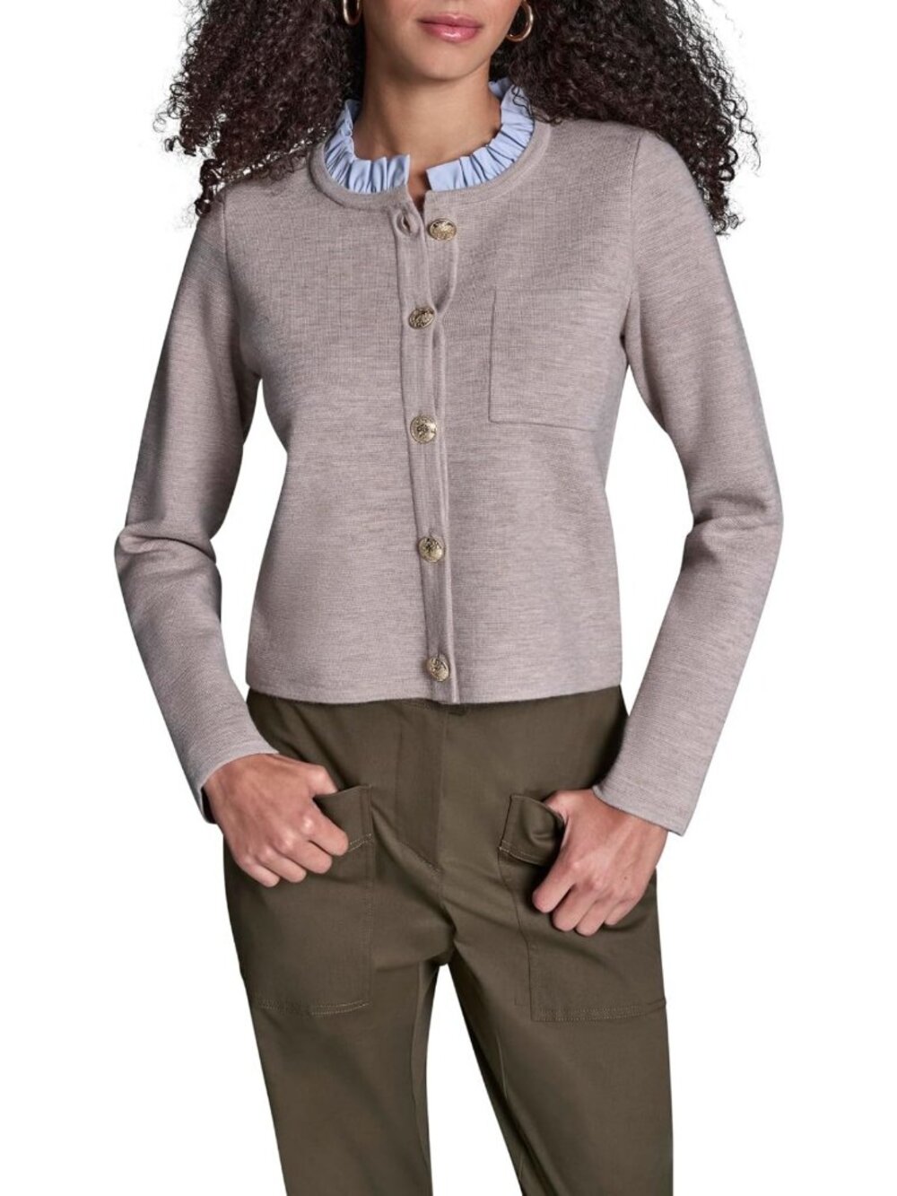 Chic Women's Sweater Jacket with Woven Ruffle Neck Trim - Stylish Layering Piece